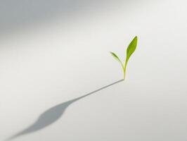 Small green sprout with long shadow on light background for nature and growth concept photo