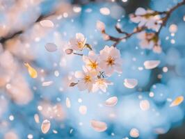 Serene springtime moment with soft focus cherry blossom petals falling photo