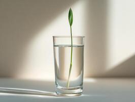 Minimalist still life with tall crystal glass and single green stem for modern decor photo