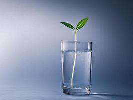 Elegant still life of a tall glass with water and a growing plant stem for minimalist design photo