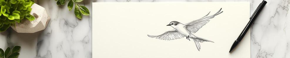 Contemporary flat lay with bird sketch and pen on marble surface. Creative art concept photo