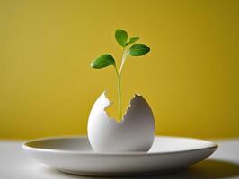 New beginnings. Fresh green sprout emerging from eggshell for growth and renewal concept photo