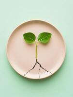 Resilience and growth concept with green sprout emerging from crack on plate photo