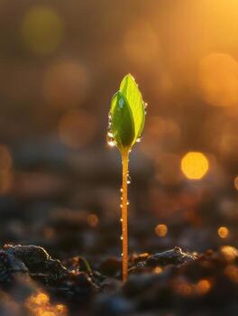Captivating macro of tiny sprout at sunrise with dewdrops for nature design photo