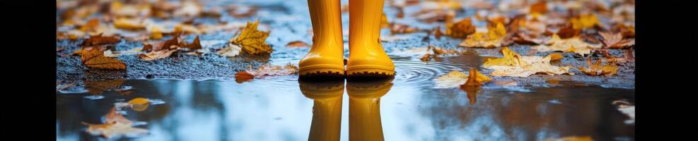Yellow rain boots in autumn puddle with fallen leaves photo