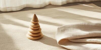 Minimalist wooden stacking toy on textured surface for calm interior design photo