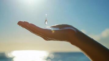 Summer skincare. Single drop of sunscreen on tanned forearm in sunlight photo