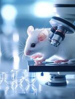 Scientific research concept with white lab mouse exploring microscope in laboratory setting photo