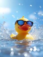 Happy rubber duck wearing sunglasses in a splashing bathtub scene for summer fun photo