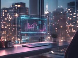 Futuristic holographic AI interface in minimalistic office setting at night photo