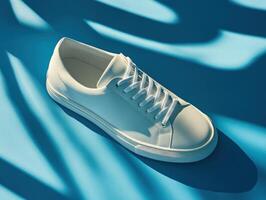 Minimalist fashion focus on single white sneaker with shadows for design concepts photo