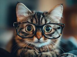 Playful cat with oversized glasses for humorous animal portrait or greeting card design photo