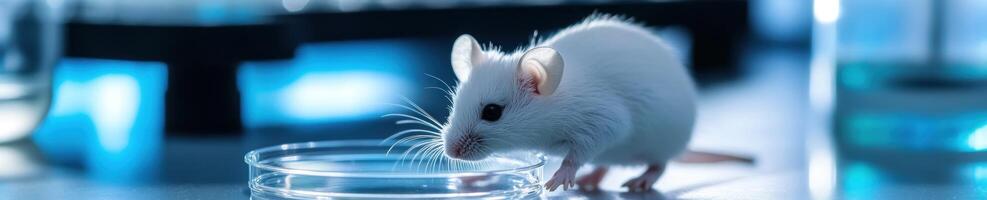 Curious white mouse exploring petri dish in laboratory setting photo