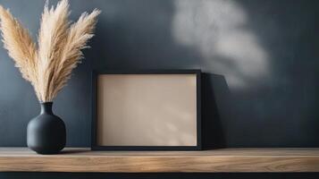 Modern dark themed study room with wooden shelf and decorative elements photo
