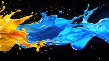 Dynamic sports inspired splash of bright yellow and blue paint on black background photo