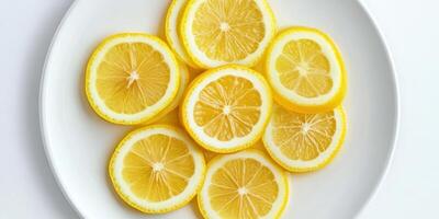 Vibrant lemon slices on white plate for freshness and culinary inspiration photo
