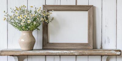 Rustic farmhouse decor with distressed wooden frame and wildflower vase on weathered shelf photo