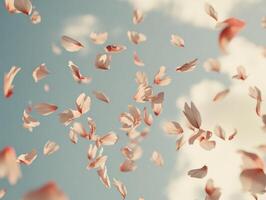 Tranquil spring scene with blowing pink sakura petals against a clear sky photo