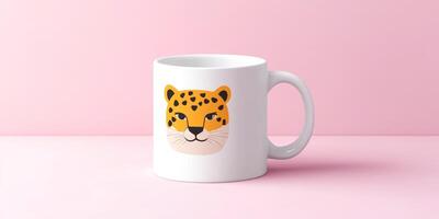 Minimalist flat lay with white ceramic mug featuring cheetah design on pink background photo