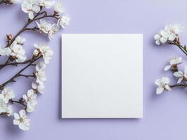 Minimalist square postcard mockup with blossoms on gentle purple surface for design projects photo