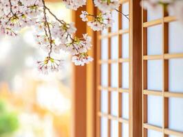 Traditional Japanese window with cherry blossoms. Serenity and elegance for interior design photo