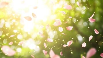 Serene springtime scene with falling cherry blossom petals against sunlit green background photo