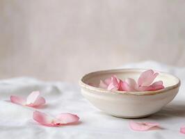 Minimalist arrangement of falling pink sakura petals in ceramic bowl for tranquil design photo