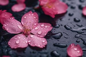 Macro view of cherry blossom petals with water droplets for spring design photo
