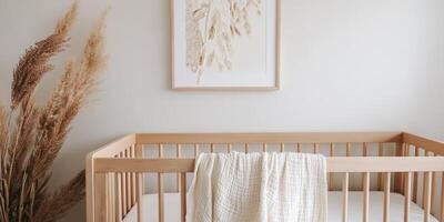 Softly lit nursery with neutral wooden crib and elegant decor photo