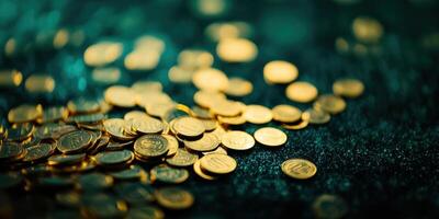 Soft focus blurred background of scattered golden coins for wealth and finance concepts photo