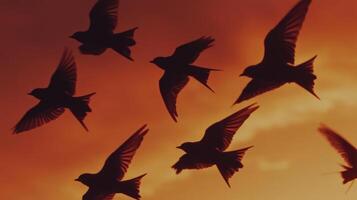 Serene silhouette of swallow flock soaring against fiery sunrise sky photo
