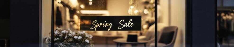 Elegant boutique window display featuring a spring sale sign for seasonal shopping promotions photo