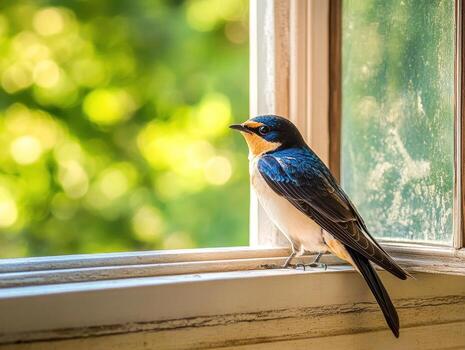 Swallow perched on open window symbolizing renewal and freedom photo