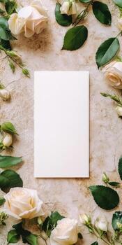 Elegant minimalist greeting card mockup with roses on textured background for invitations or announcements photo