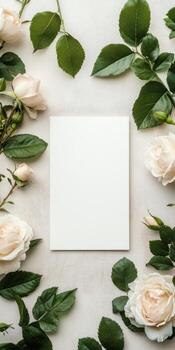 Minimalist and elegant greeting card mockup with roses and greenery for design photo