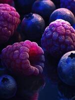 Close up macro of frozen raspberries and blueberries for food and nutrition themes photo
