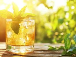 Refreshing summer beverage with mint leaves in bright sunlight photo