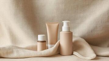 Assorted SPF skincare products for sun protection on elegant fabric background photo