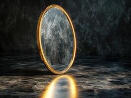 Elegant golden mirror on dark stone background for interior design inspiration photo