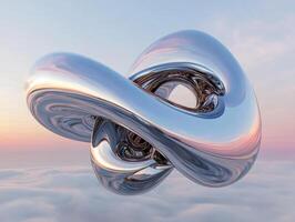 Futuristic metallic structure floating amidst clouds at sunset photo