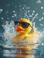 Vibrant yellow rubber duck with sunglasses splashing in bathtub photo