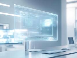 Futuristic holographic AI interface in minimalistic workspace for innovative design concepts photo