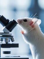 Curious lab mouse examining microscope in scientific research setting photo