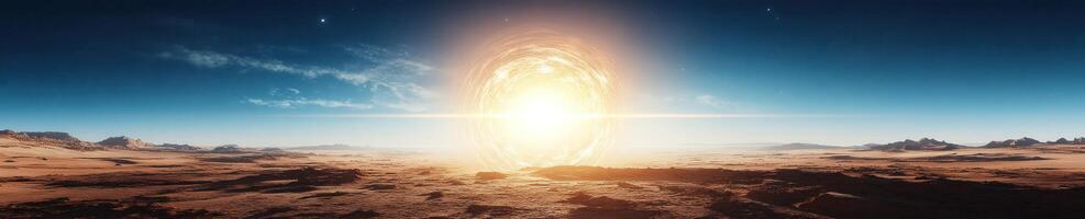 Otherworldly portal in desert landscape at sunrise photo
