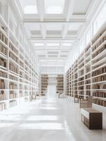 Serene library hall with towering bookshelves in bright and spacious interior photo