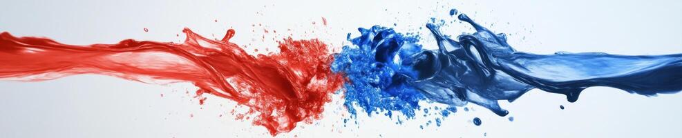 Energetic and dynamic collision of red and blue paint in mid air explosion art concept photo