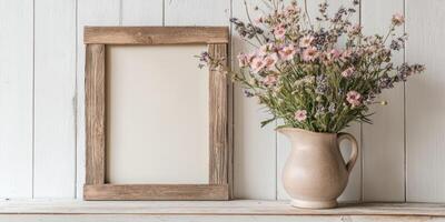 Rustic farmhouse style setting with distressed frame and wildflower arrangement for interior design inspiration photo