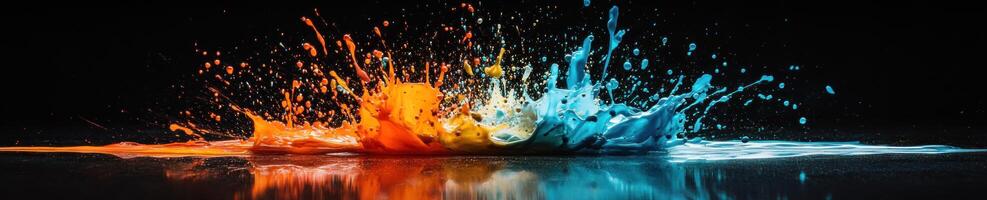 Vibrant explosion of colorful liquid paint splash on black background for creative design photo