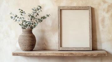 Minimalist organic decor featuring wooden frame and natural plant on rustic shelf photo