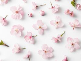 Minimalist flat lay of delicate pink sakura petals for design and decor photo